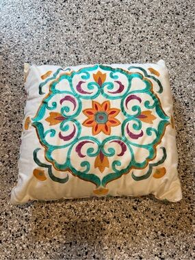 T.J.Maxx Cream Throw Pillow with Teal, Orange & Purple Embroidery